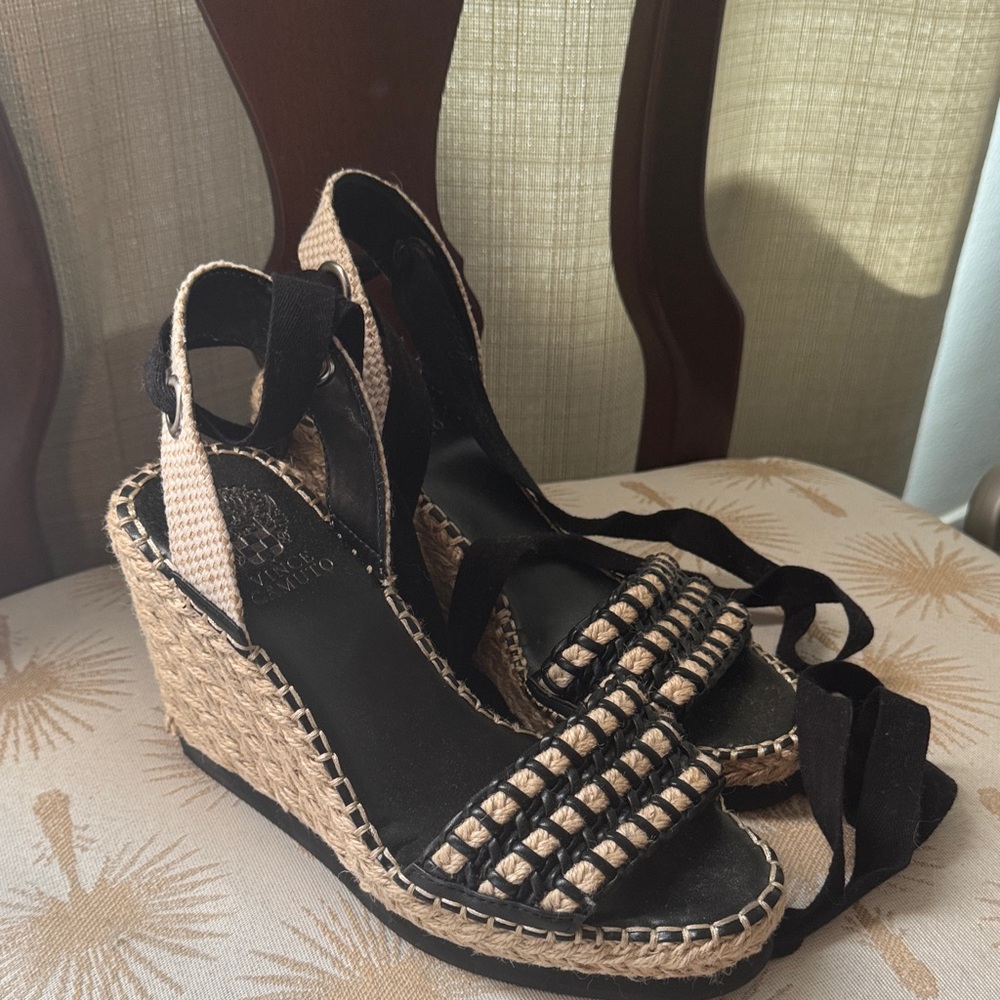 Vince camuto sandals black. Size 7.5. Tie ankles. Wedge like new